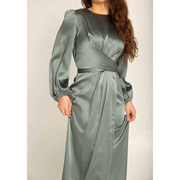 PINUPART Women's Modest Long Sleeve Satin Mother of The Groom Maxi Dress Small Green