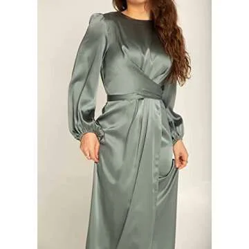 PINUPART Women's Modest Long Sleeve Satin Mother of The Groom Maxi Dress Small Green