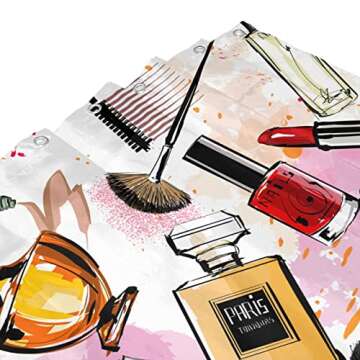 SPXUBZ Girly Cosmetic and Make Up Theme Pattern with Perfume and Lipstick Nail Polish Brush Modern City Lady Multi Shower Curtain Waterproof Bathroom Decor Polyester Fabric Curtain Sets with Hooks