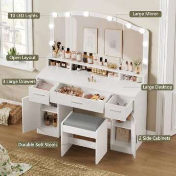 usikey Makeup Vanity with Lights, Vanity Desk, Makeup Vanity Table with 3 Drawers, 2 Cabinets & Long Storage Shelf, 10 Led Lights, Dressing Vanity Table with Stool, for Women, Girls, Bedroom, White