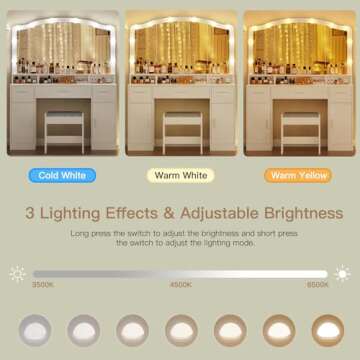 usikey Makeup Vanity with Lights, Vanity Desk, Makeup Vanity Table with 3 Drawers, 2 Cabinets & Long Storage Shelf, 10 Led Lights, Dressing Vanity Table with Stool, for Women, Girls, Bedroom, White