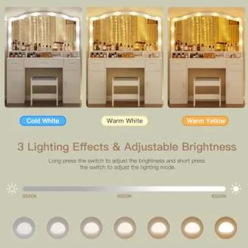 usikey Makeup Vanity with Lights, Vanity Desk, Makeup Vanity Table with 3 Drawers, 2 Cabinets & Long Storage Shelf, 10 Led Lights, Dressing Vanity Table with Stool, for Women, Girls, Bedroom, White