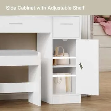usikey Makeup Vanity with Lights, Vanity Desk, Makeup Vanity Table with 3 Drawers, 2 Cabinets & Long Storage Shelf, 10 Led Lights, Dressing Vanity Table with Stool, for Women, Girls, Bedroom, White