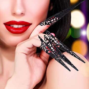 ANCIRS 10 Pack Finger Nail Tip Claw Rings, Ancient Queen Costume Fingertip Claw Nail Rings Decoration Accessory, Finger Knuckle Protectors for Halloween Cosplay Drama Dance Show- Black