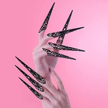 ANCIRS 10 Pack Finger Nail Tip Claw Rings, Ancient Queen Costume Fingertip Claw Nail Rings Decoration Accessory, Finger Knuckle Protectors for Halloween Cosplay Drama Dance Show- Black