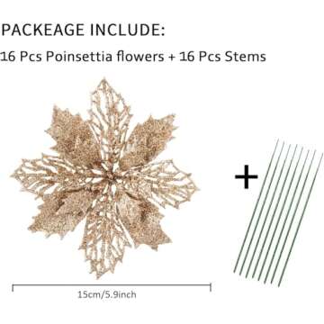 Wironlst 16 Pcs Glitter Poinsettia Flowers Artificial - Christmas Champagne Poinsettia Decorations T...