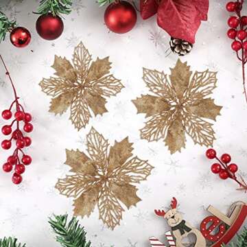 Wironlst 16 Pcs Glitter Poinsettia Flowers Artificial - Christmas Champagne Poinsettia Decorations Tree Flowers Ornaments for Xmas/Holiday/Seasonal/Wedding Decor