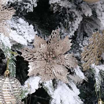 Wironlst 16 Pcs Glitter Poinsettia Flowers Artificial - Christmas Champagne Poinsettia Decorations Tree Flowers Ornaments for Xmas/Holiday/Seasonal/Wedding Decor