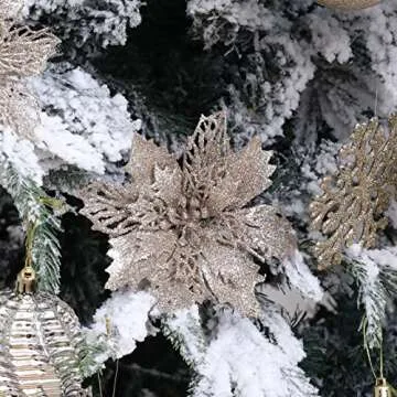 Wironlst 16 Pcs Glitter Poinsettia Flowers Artificial - Christmas Champagne Poinsettia Decorations Tree Flowers Ornaments for Xmas/Holiday/Seasonal/Wedding Decor