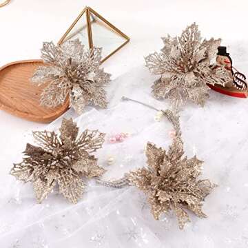 Wironlst 16 Pcs Glitter Poinsettia Flowers Artificial - Christmas Champagne Poinsettia Decorations Tree Flowers Ornaments for Xmas/Holiday/Seasonal/Wedding Decor