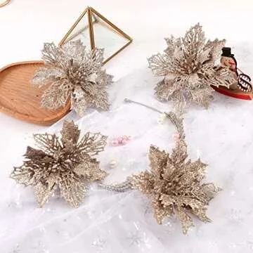 Wironlst 16 Pcs Glitter Poinsettia Flowers Artificial - Christmas Champagne Poinsettia Decorations Tree Flowers Ornaments for Xmas/Holiday/Seasonal/Wedding Decor