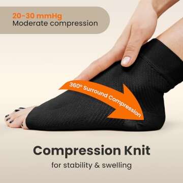 KEMFORD Ankle Compression Sleeve - Plantar Fasciitis Braces - Open Toe Compression Socks for Swelling, Sprain, Neuropathy, Foot Arch Support for Men and Women - 20-30mmhg, L, Black