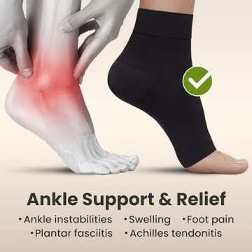KEMFORD Ankle Compression Sleeve - Plantar Fasciitis Braces - Open Toe Compression Socks for Swelling, Sprain, Neuropathy, Foot Arch Support for Men and Women - 20-30mmhg, L, Black