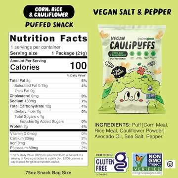 Vegan Salt & Pepper CauliPuffs - Corn, Rice, and Cauliflower Gluten Free Puffed Snack (box of 15-0.75oz bags)