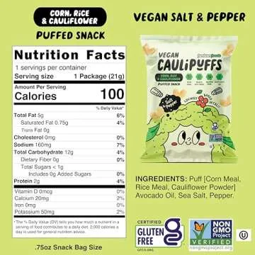 Vegan Salt & Pepper CauliPuffs - Corn, Rice, and Cauliflower Gluten Free Puffed Snack (box of 15-0.75oz bags)