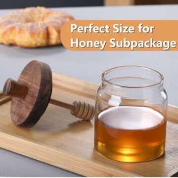 ANSQU Honey Pot, Airtight Glass Honey Jar with Dipper Stick and Wooden Lid, Honey Containers for Sto...