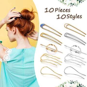 10 Pieces Metal U-Shape Oval Side Comb Hairpin Hair Fork Clip Stick Hair Bun Updo Sticks Gold Silver...