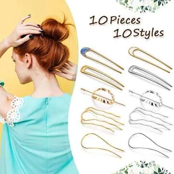 10 Pieces Metal U-Shape Oval Side Comb Hairpin Hair Fork Clip Stick Hair Bun Updo Sticks Gold Silver...