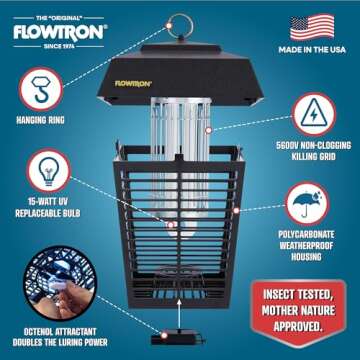Flowtron Electric Bug Zapper 1/2 Acre Outdoor Insect Control with Dual Lure Method, 15W UV Light & O...