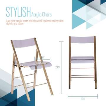 ISL Furnishings Kasper Flex Modern Acrylic Folding Chairs – Foldable Transparent Clear Lucite Chair with Chromed Steel Frame for Indoor, Outdoor, Dining, Desk, Office, Vanity – New Gold, Set of 2