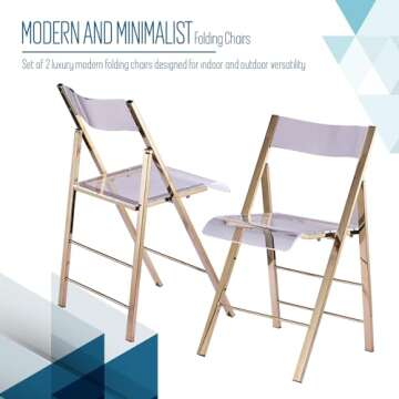 ISL Furnishings Kasper Flex Modern Acrylic Folding Chairs – Foldable Transparent Clear Lucite Chair with Chromed Steel Frame for Indoor, Outdoor, Dining, Desk, Office, Vanity – New Gold, Set of 2