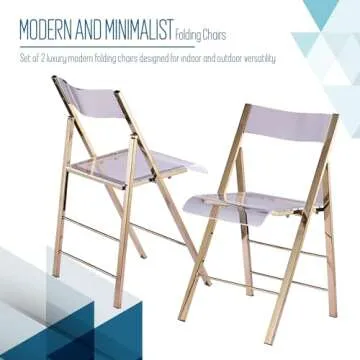 ISL Furnishings Kasper Flex Modern Acrylic Folding Chairs – Foldable Transparent Clear Lucite Chair with Chromed Steel Frame for Indoor, Outdoor, Dining, Desk, Office, Vanity – New Gold, Set of 2
