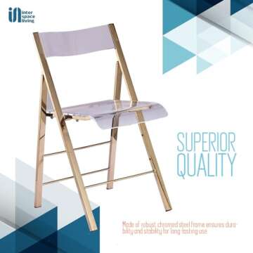 ISL Furnishings Kasper Flex Modern Acrylic Folding Chairs – Foldable Transparent Clear Lucite Chair with Chromed Steel Frame for Indoor, Outdoor, Dining, Desk, Office, Vanity – New Gold, Set of 2