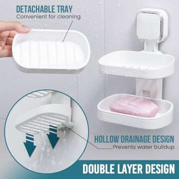 TAILI Double Layer Soap Holder, Bar Soap Dish Saver Suction Cup for Shower Wall Mounted, Suitable for Bathroom, Tub, Sponge Caddy Kitchen Sink,Easy to Clean,Universal Bathroom Shower Accessories,White