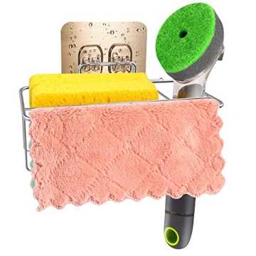 Kitchen Sponge Holder for Sink Caddy, Adhesive Sink Dish Cloth Hanger Organizer Holder 3 in 1 Soap R...