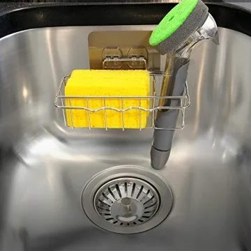 Kitchen Sponge Holder for Sink Caddy, Adhesive Sink Dish Cloth Hanger Organizer Holder 3 in 1 Soap Rag Brush Holder Dispenser Stainless Steel Rustproof Dishwashing Organization Bask Drainer Rack