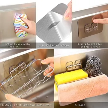 Kitchen Sponge Holder for Sink Caddy, Adhesive Sink Dish Cloth Hanger Organizer Holder 3 in 1 Soap Rag Brush Holder Dispenser Stainless Steel Rustproof Dishwashing Organization Bask Drainer Rack