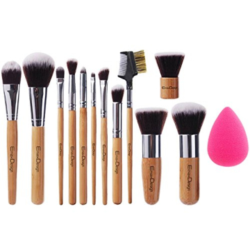 Professional 12+1 Makeup Brush Set with Bamboo Handle & Sponge