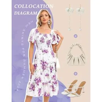 Bbonlinedress Womens Smocked Casual Summer Beach Party Boho Midi Semi Formal Flowy Off Shoulder Sun Dress White Purple Flower S