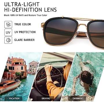 2020 VentiVenti Square Sunglasses For Women Men Polarized Double Bridge Retro Metal Frame UV Protection Brown Frame/Gradient Smoke&Orange Lens