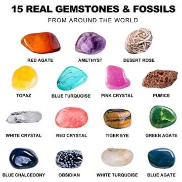CAPKIT 15Pcs Gemstone Kit, STEM Educational DIY Toys Science Dig Kit, Dig Up 15 Unique Gemstones, Rock Digging Kit for Kids, Archaeology- Best Gifts for Boys Girls Kid Toys