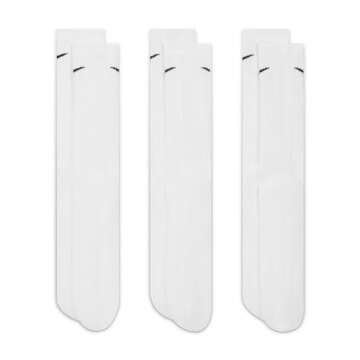 NIKE Dri-Fit Classic Cushioned Crew Socks 6 PAIR White with Black Swoosh Logo) LARGE 8-12