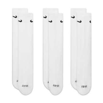 NIKE Dri-Fit Classic Cushioned Crew Socks 6 PAIR White with Black Swoosh Logo) LARGE 8-12
