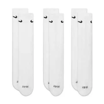 NIKE Dri-Fit Classic Cushioned Crew Socks 6 PAIR White with Black Swoosh Logo) LARGE 8-12
