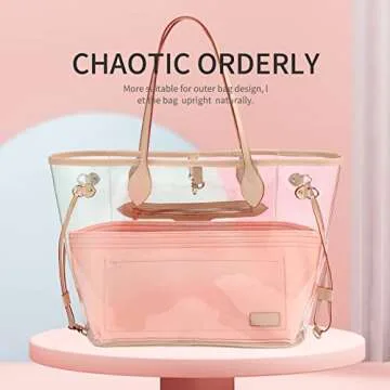 Doxo Purse Organizer Insert & Base Shaper 2pc Set, Felt Handbag & Tote Bag Fit L Speedy 30 Nererfull PM More(Pink,Medium-Combination)