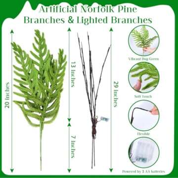 YoleShy 10 Pcs Christmas Artificial Norfolk Pine Branches with 2 Pcs Branches Greenery Norfolk Pine ...