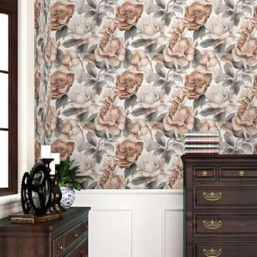 REDAMANCY Boho Retro Orange Beige Vintage Floral Peel and Stick Wallpaper Vintage Wall Paper Stick o...
