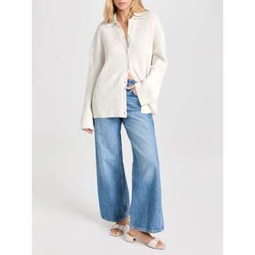 Danedvi Womens Collared Cardigan Sweaters Oversized Ribbed Knit Open Front Button Up Bell Sleeve Outwear White