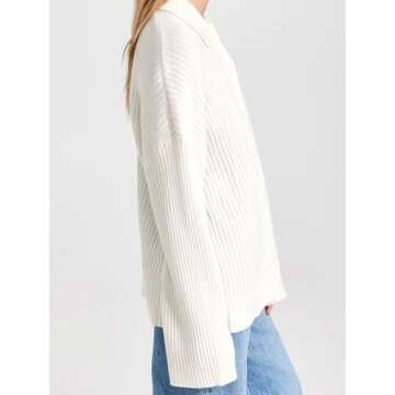 Danedvi Womens Collared Cardigan Sweaters Oversized Ribbed Knit Open Front Button Up Bell Sleeve Outwear White