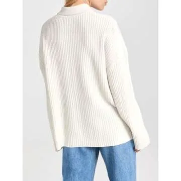 Danedvi Womens Collared Cardigan Sweaters Oversized Ribbed Knit Open Front Button Up Bell Sleeve Outwear White