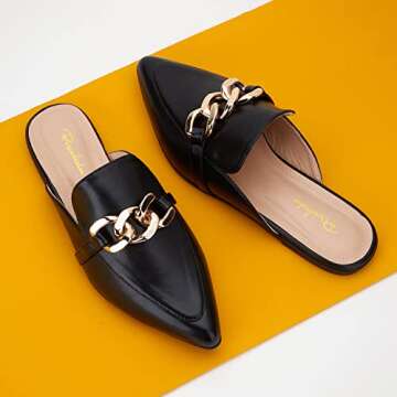 BISON SPIRIT Mules for Women Flats Pointed Toe Slip On Slides Loafer Shoes (Metal Chain-Black PU,7.5...