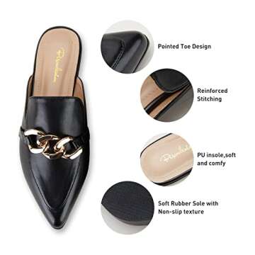BISON SPIRIT Mules for Women Flats Pointed Toe Slip On Slides Loafer Shoes (Metal Chain-Black PU,7.5)