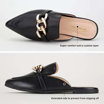BISON SPIRIT Mules for Women Flats Pointed Toe Slip On Slides Loafer Shoes (Metal Chain-Black PU,7.5)