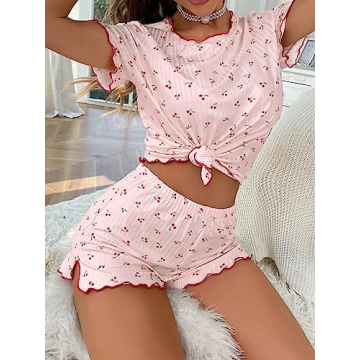 Cute Light Pink Cherry Pajama Set for Women