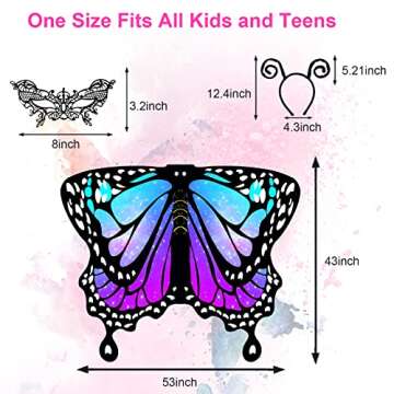 RekTak Butterfly Wings for Girls, Butterfly Costume for Halloween Party Kids Fairy Wing with Mask and Headband