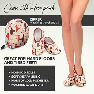 Snoozies Skinnies Slipper Socks & Travel Pouch – Non Slip Socks, Foldable Slippers for Women with Travel Pouch - Wine - Large